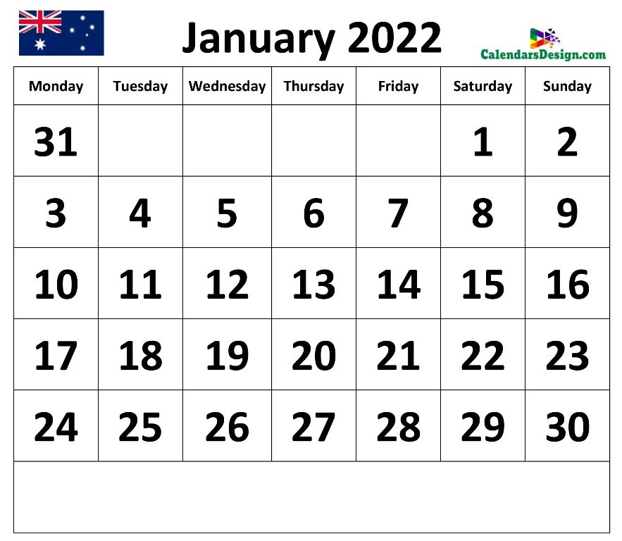 Calendar for January 2022 Australia