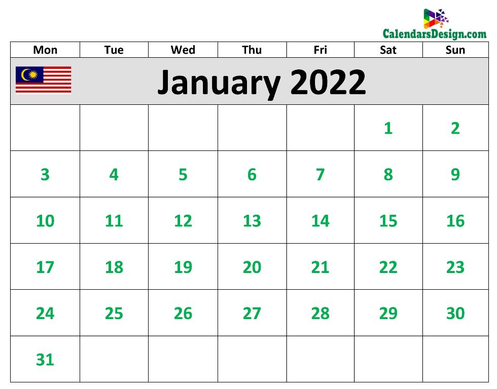 Calendar for January 2022 Malaysia