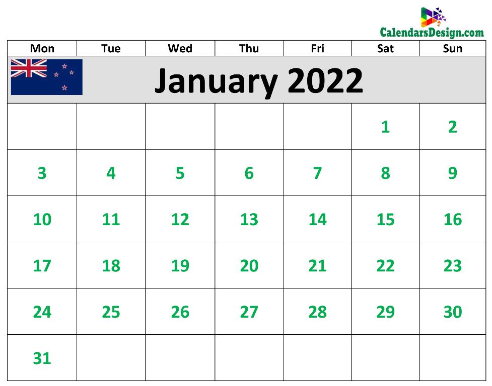 Calendar for January 2022 NZ