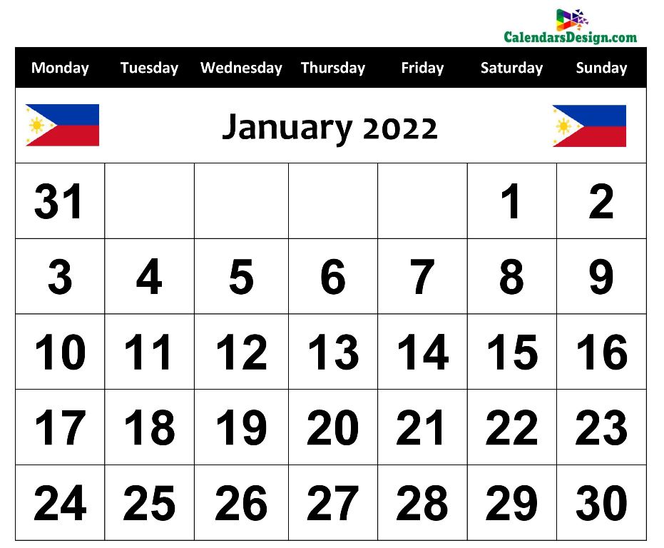 Calendar for January 2022 Philippines