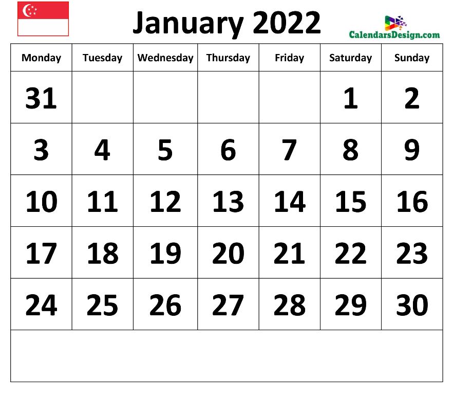 Calendar for January 2022 Singapore