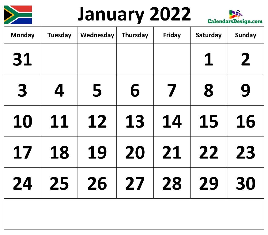 Calendar for January 2022 South Africa