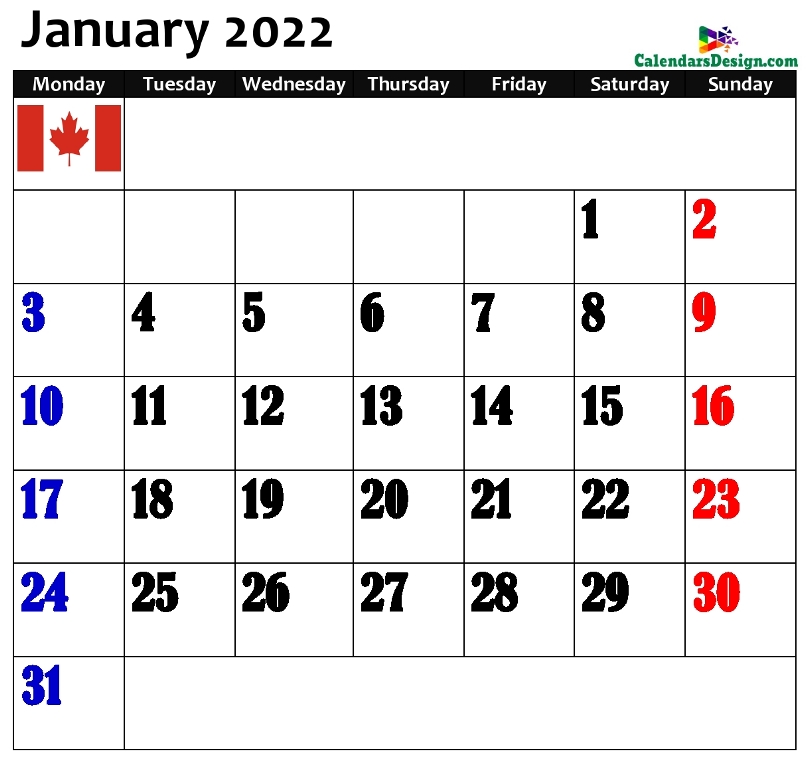 Canada January 2022 Calendar