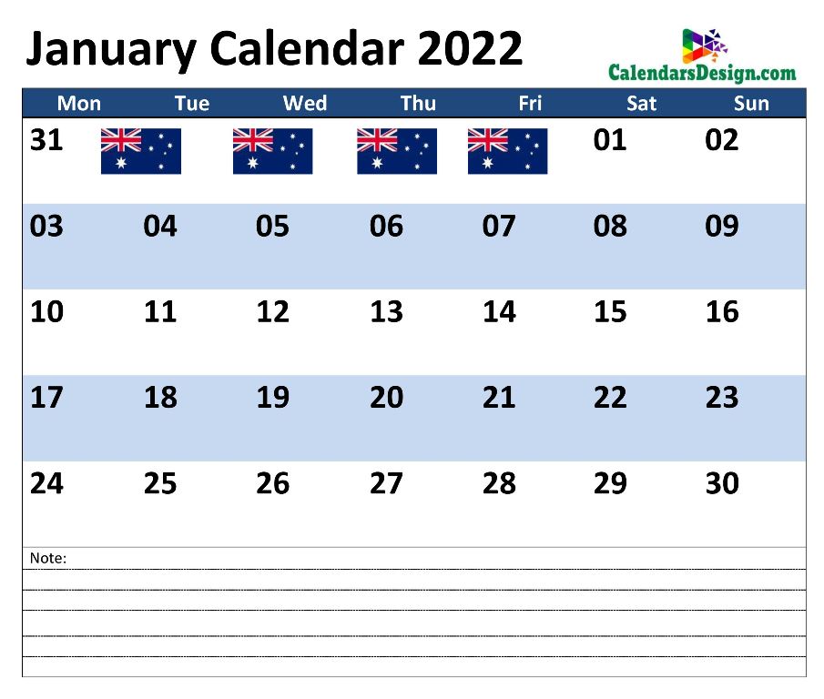 January 2022 Calendar Australia with Notes