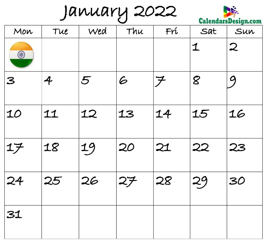 January 2022 Calendar India with Festivals