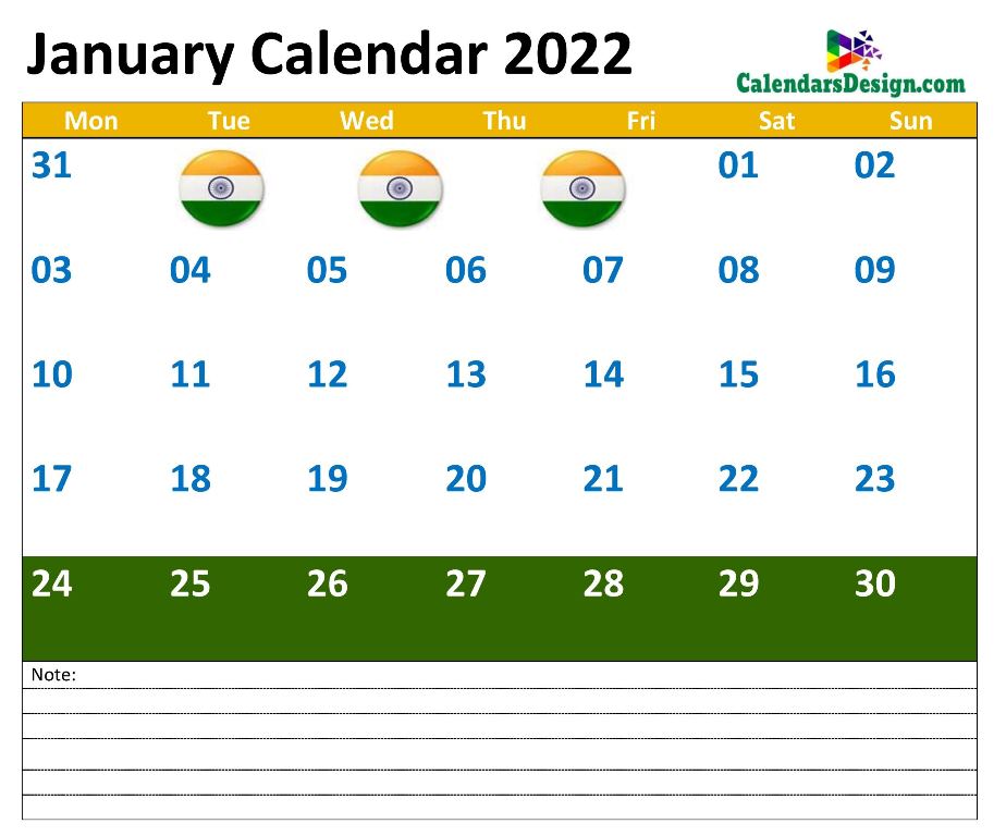 January 2022 Calendar India with Notes