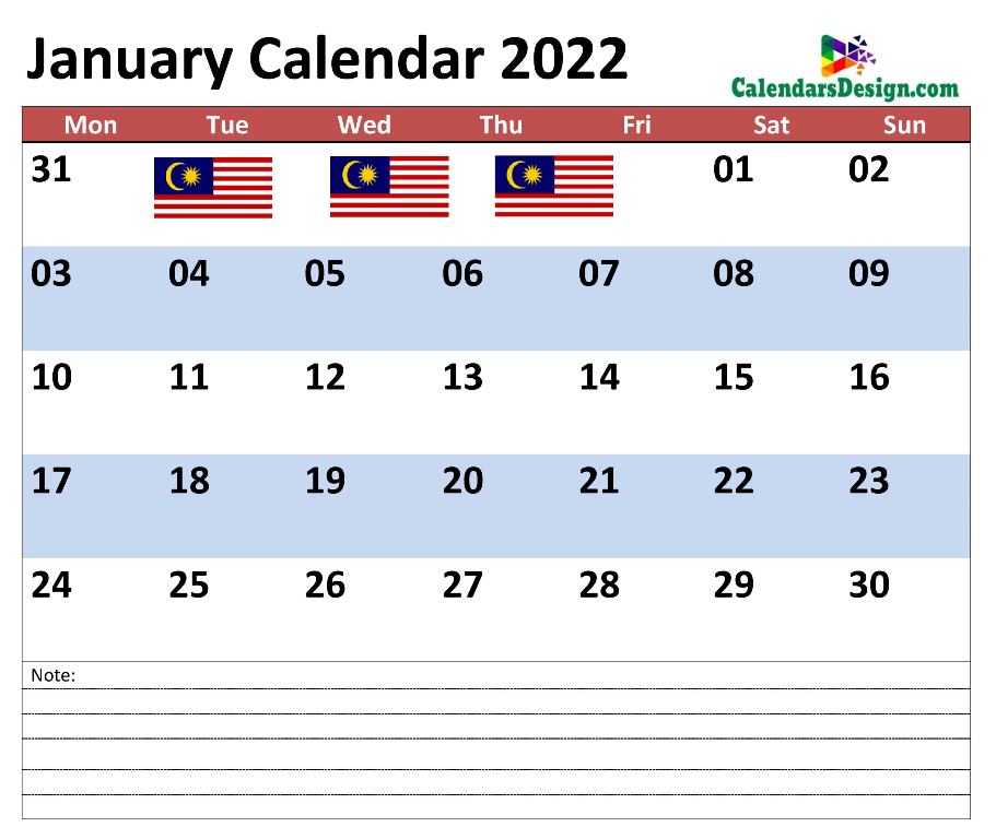 January 2022 Calendar Malaysia with Notes