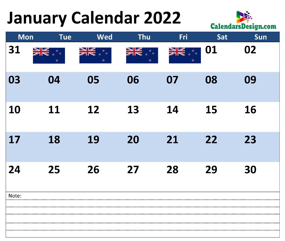 January 2022 Calendar NZ with Notes