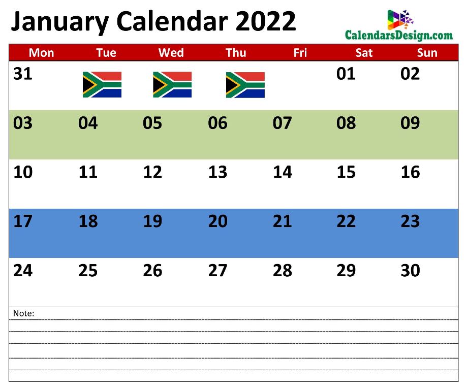 January 2022 Calendar South Africa with Notes