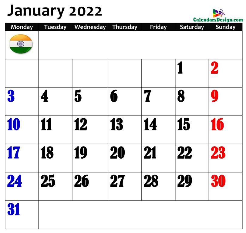 January 2022 Indian Calendar