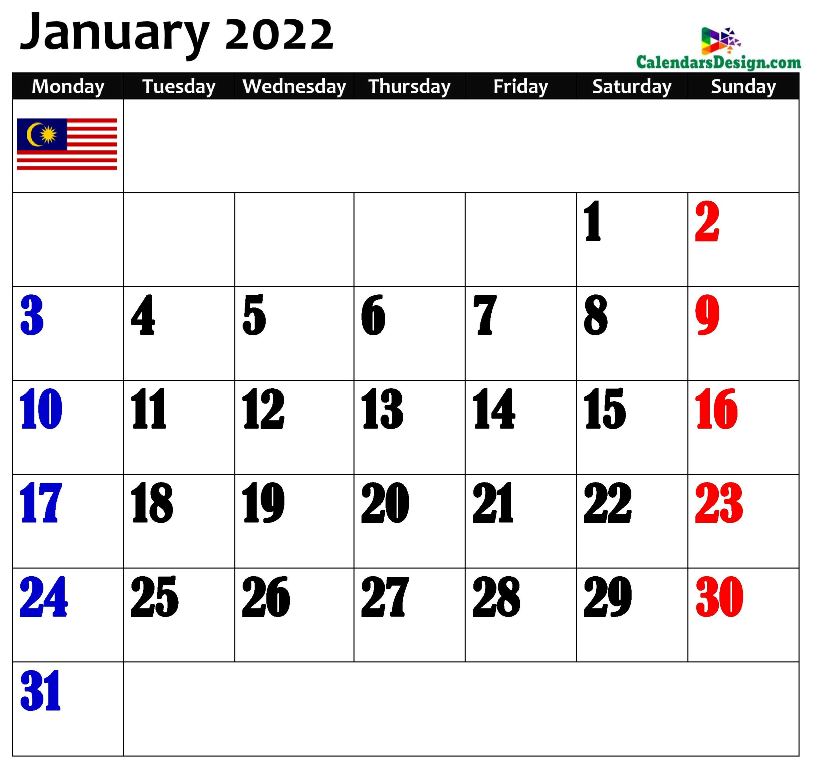 January 2022 Malaysia calendar