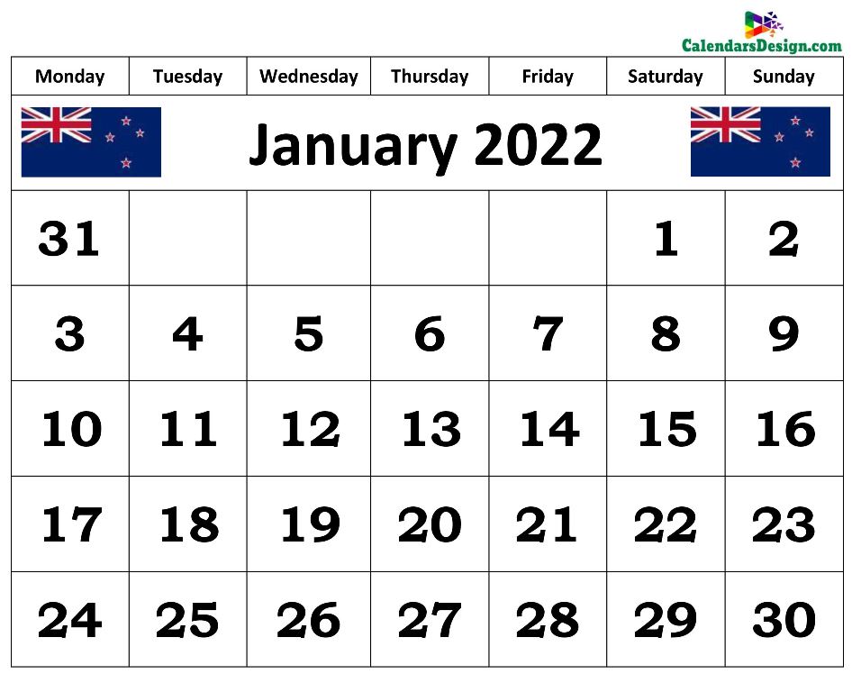 January 2022 NZ calendar