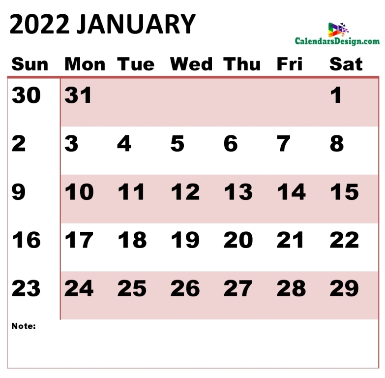 January 2022 calendar medium size