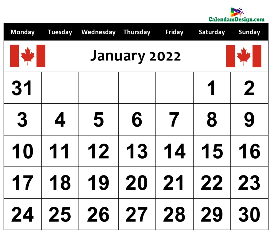 January Calendar 2022 Canada With Holidays
