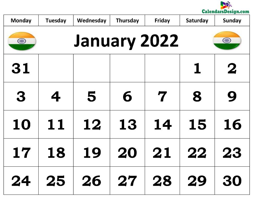 January Calendar 2022 India With Holidays