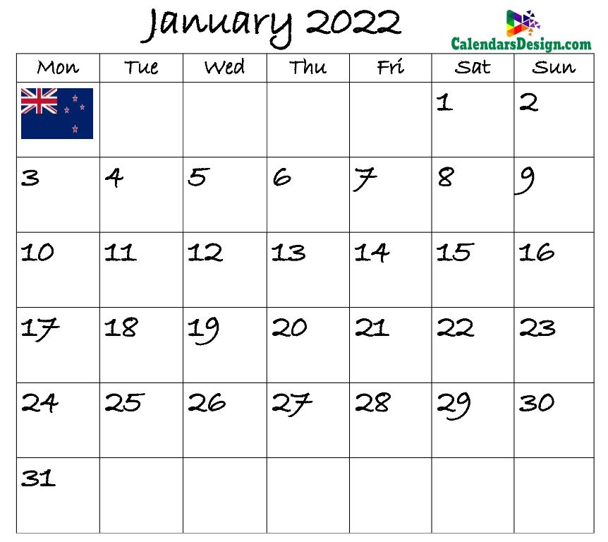 January Calendar 2022 New Zealand