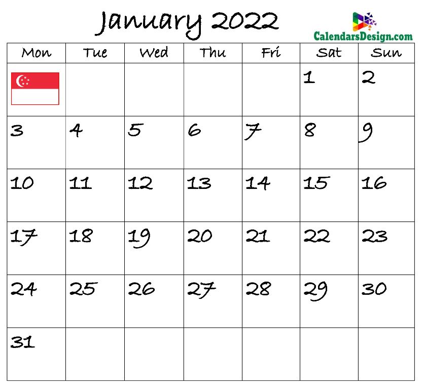 January Calendar 2022 Singapore
