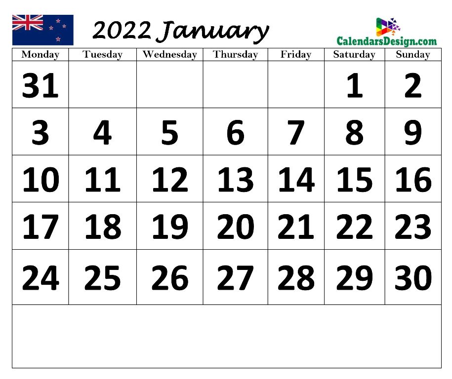 NZ January 2022 calendar