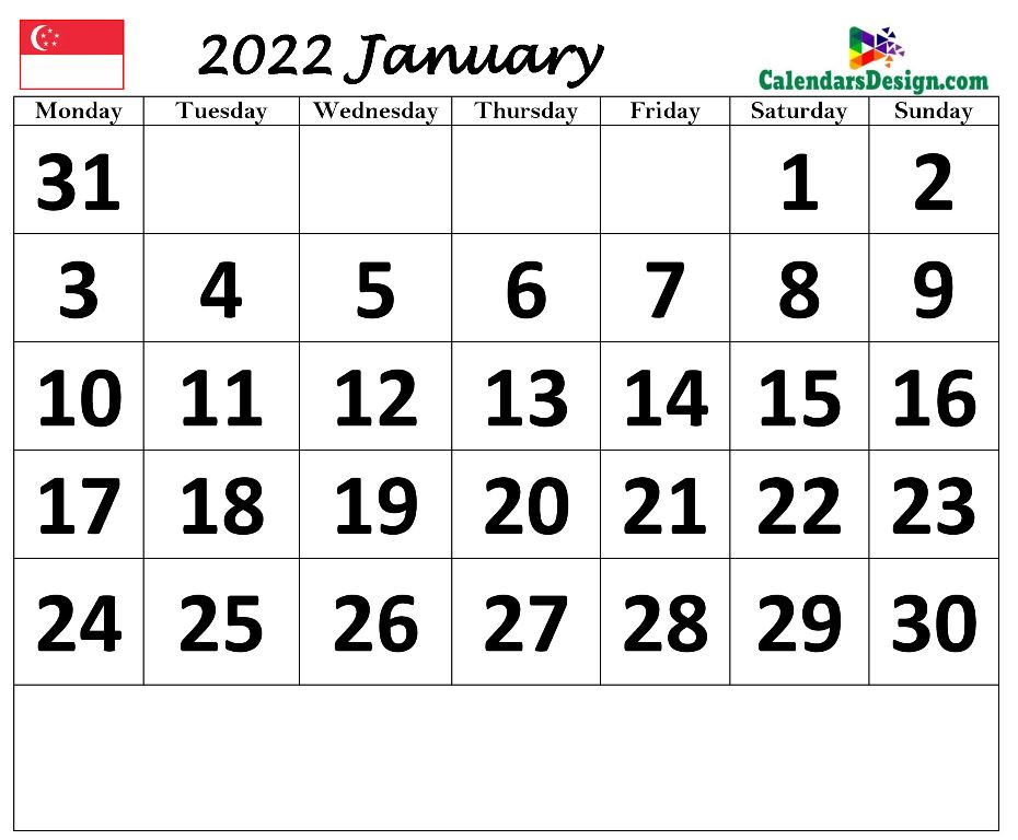 Singapore January 2022 calendar