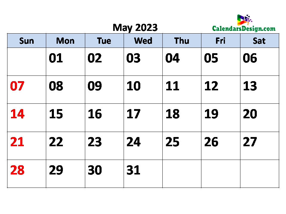 Calendar for May 2023