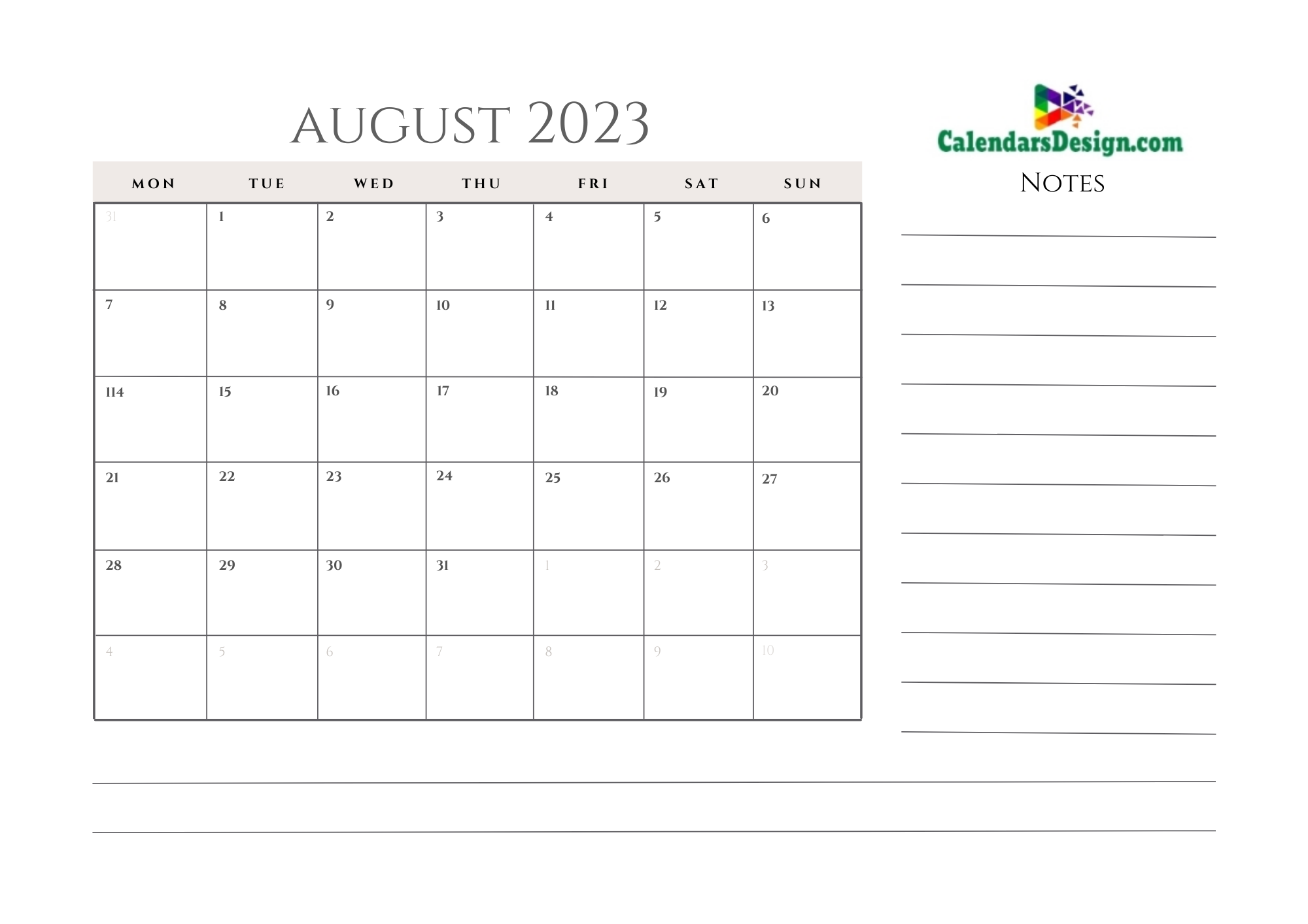 August 2023 Calendar Blank Template
