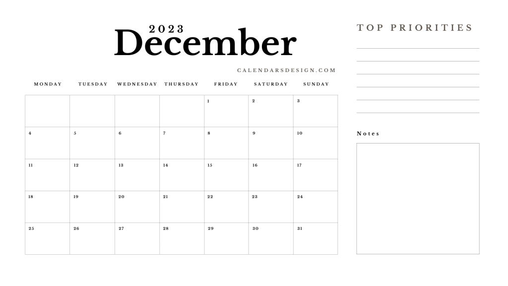 December Calendar 2023 Printable