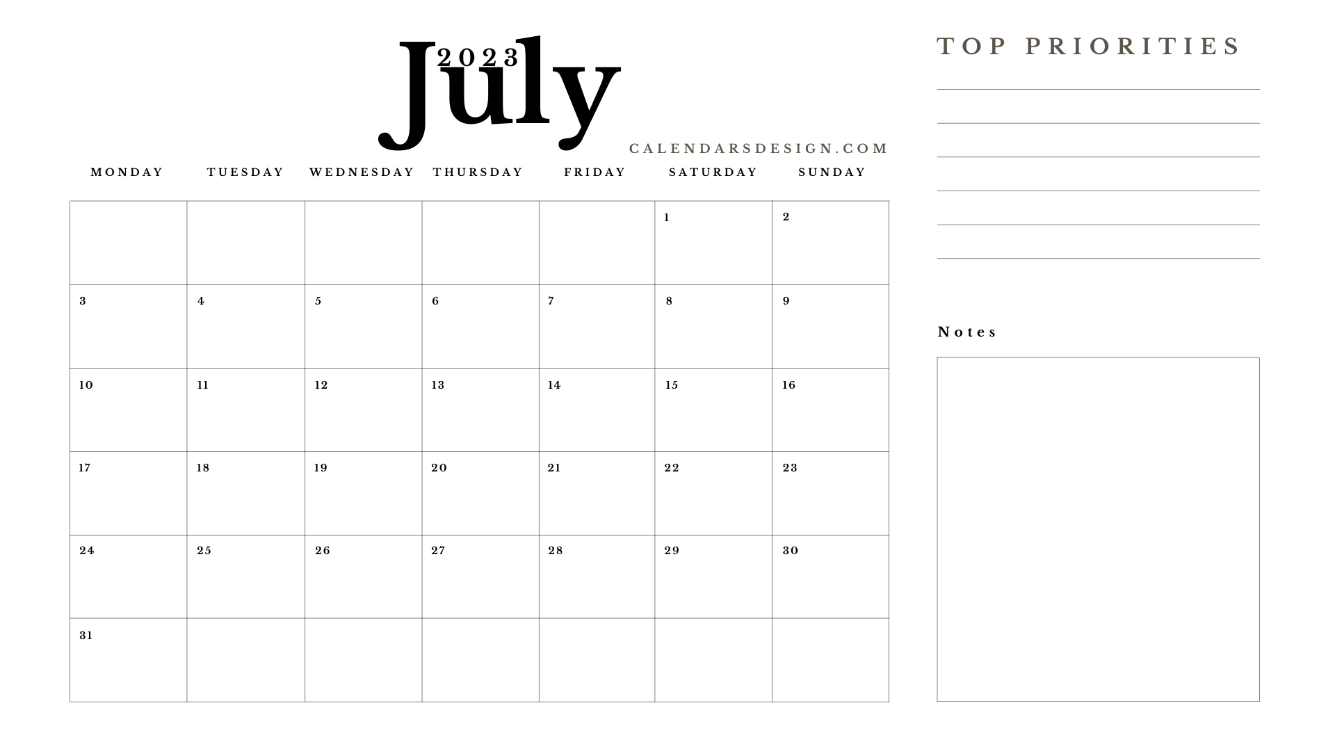 July Calendar 2023 printable online