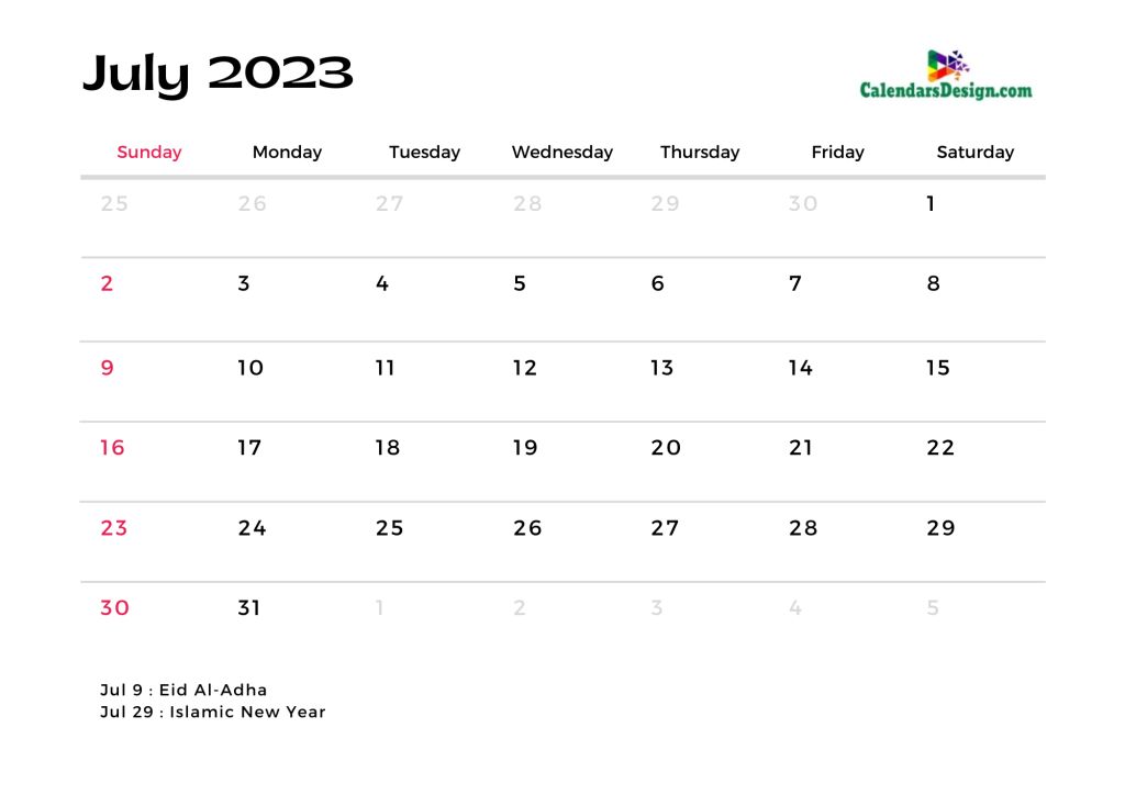 July calendar 2023 monthly template