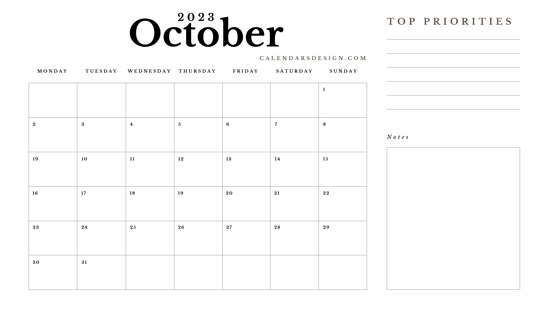 October Calendar 2023 Printable