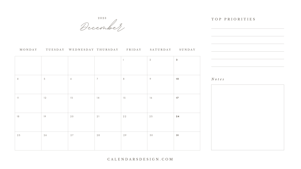 Printable Calendar for December 2023