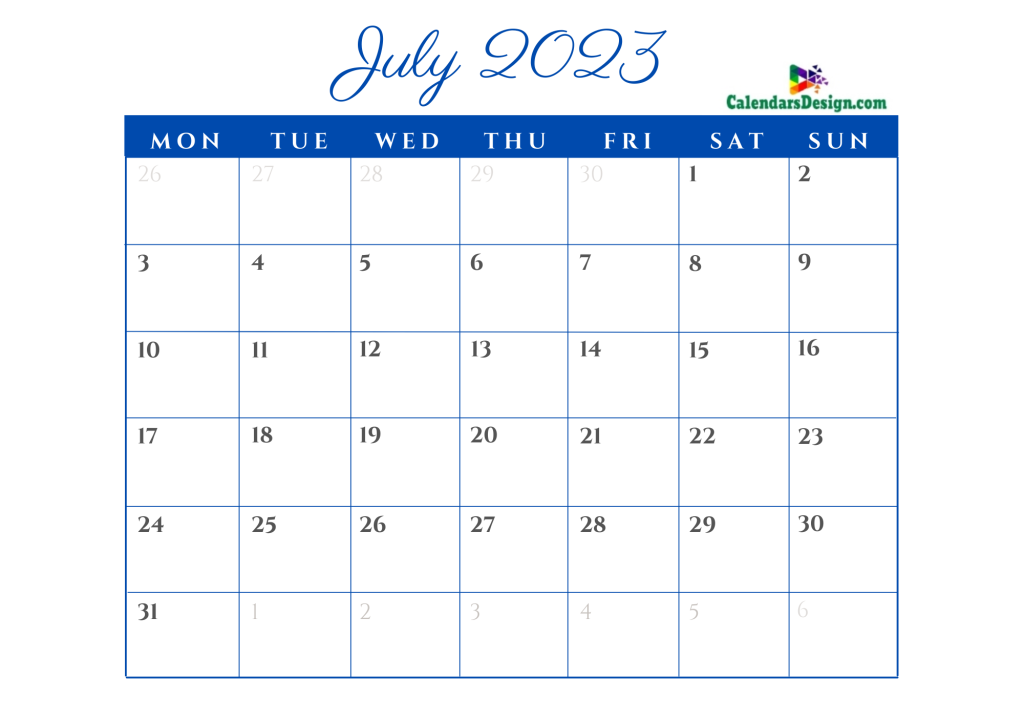 Printable Calendar for July 2023 Templates