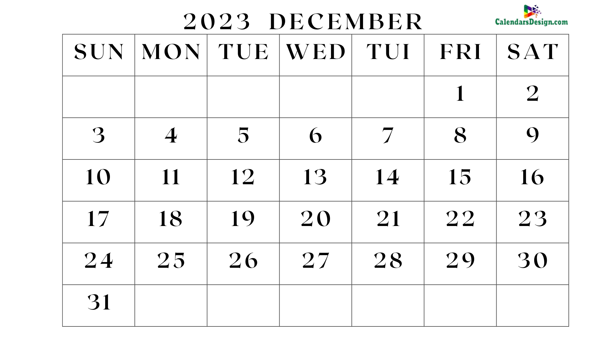 Blank Calendar for December 2023