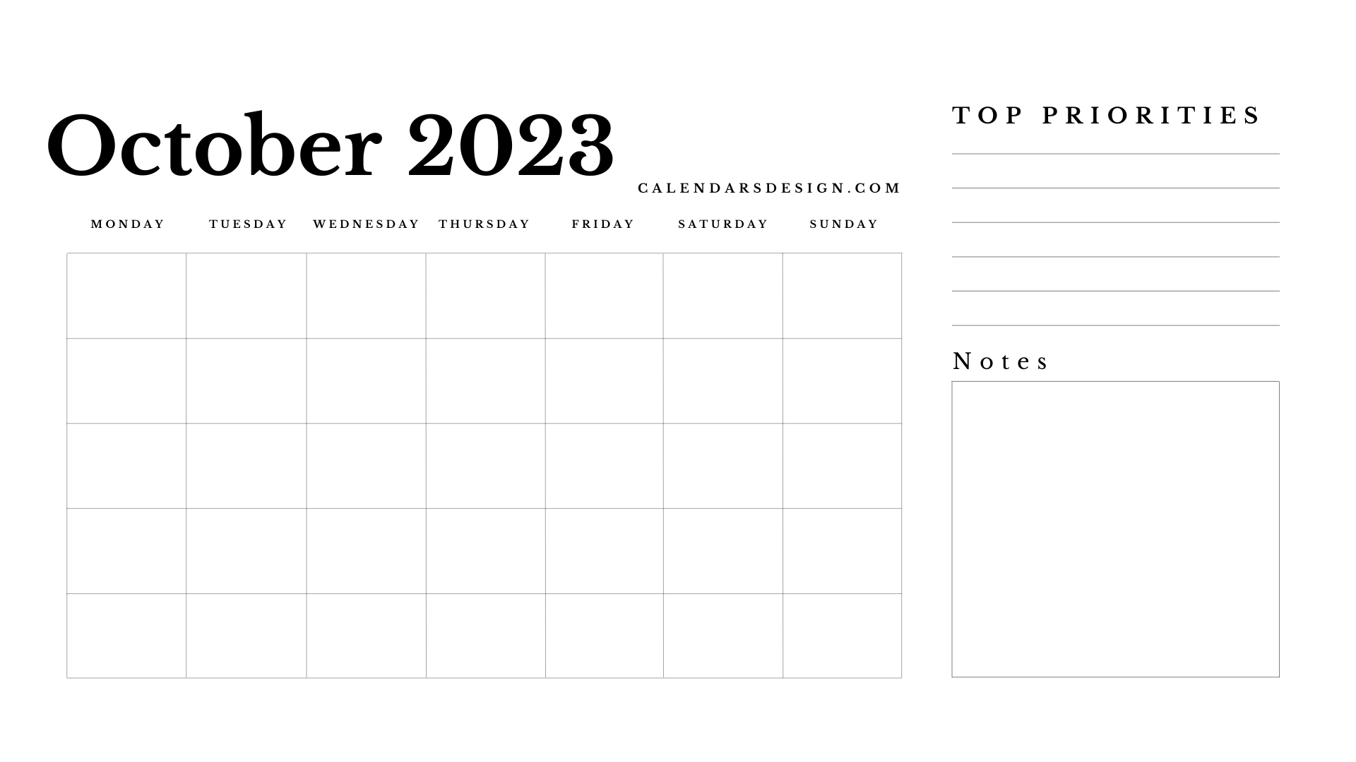 Blank October 2023 Calendar With Notes