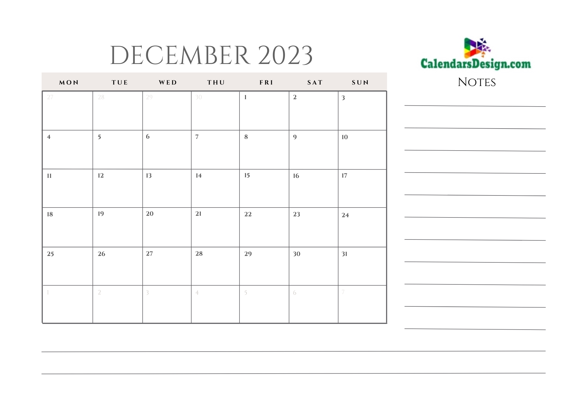 December 2023 Calendar Blank Template
