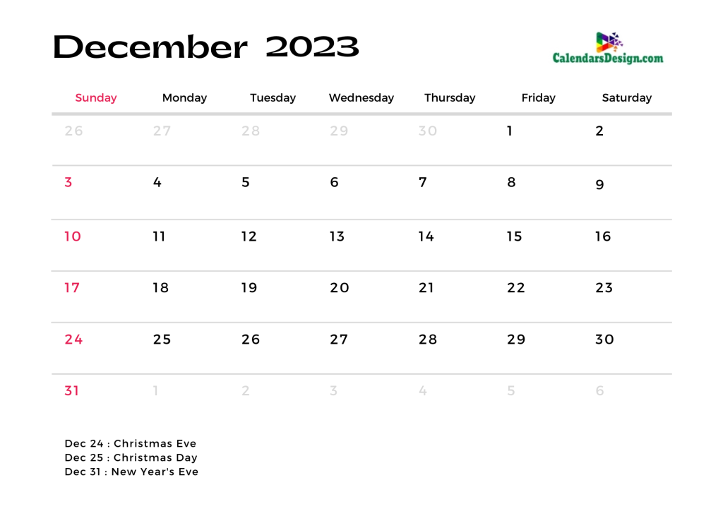 December calendar 2023 monthly template