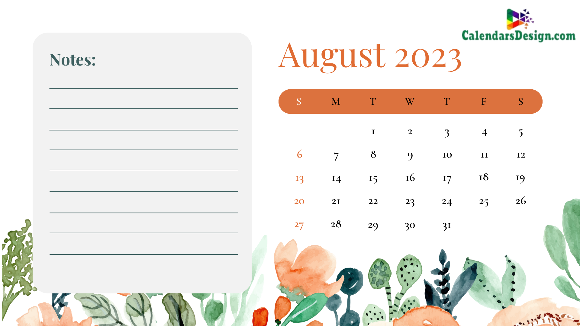 Decorative August 2023 Cute Calendar