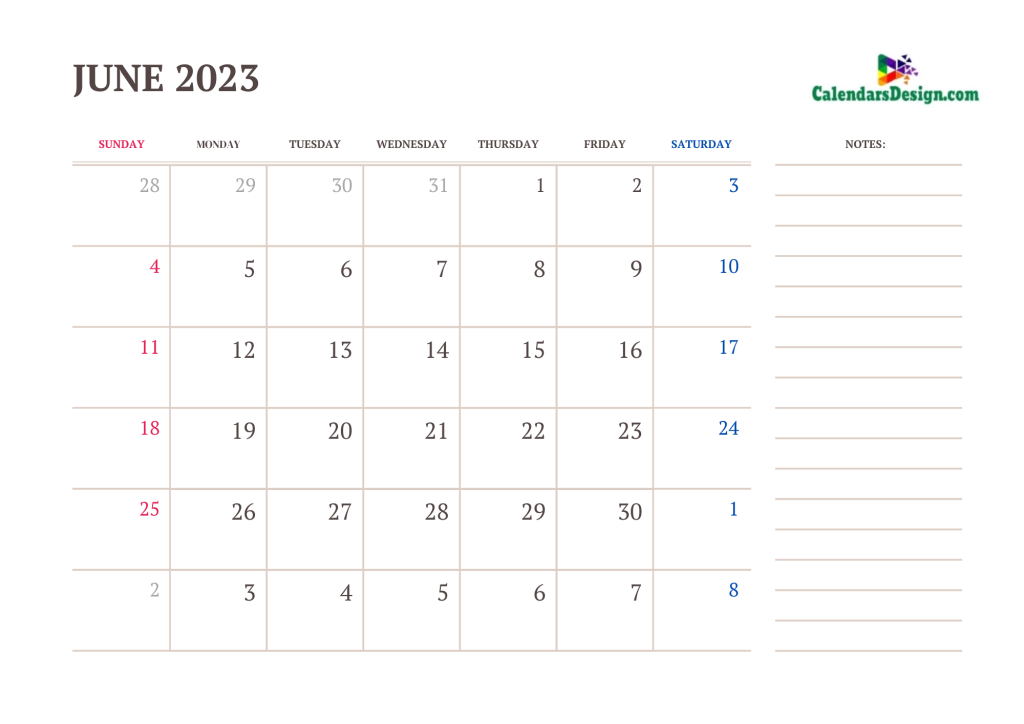June 2023 Calendar With Large Space