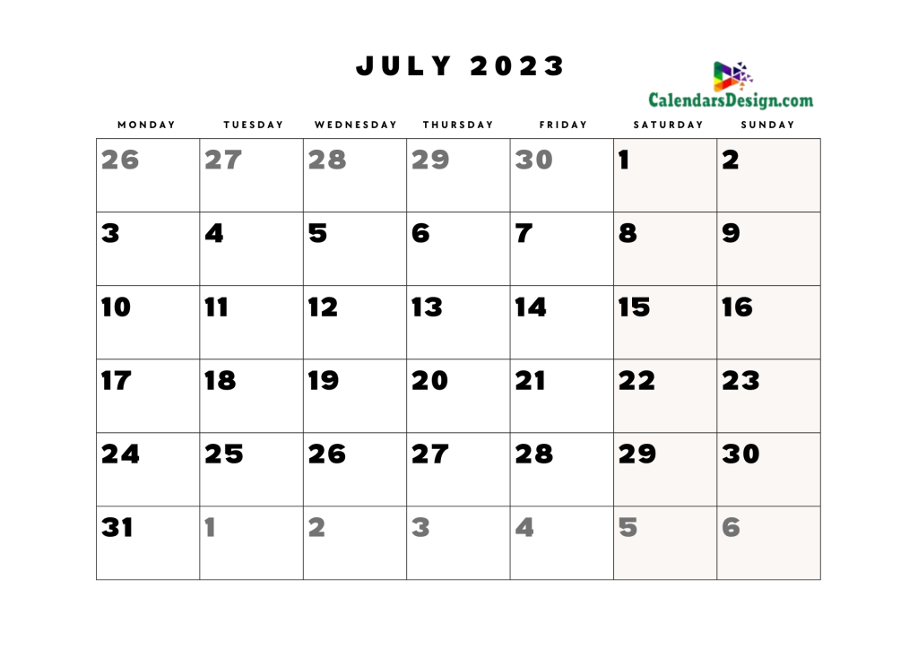 Monthly July 2023 Blank Calendar