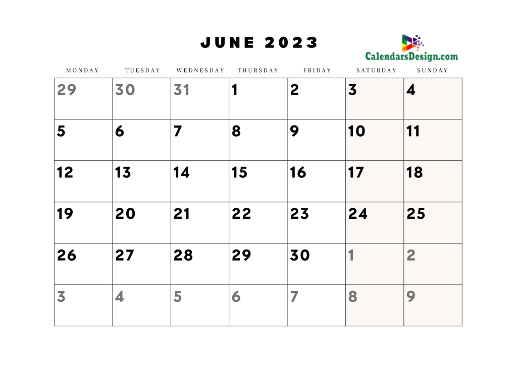 Monthly June 2023 Blank Calendar