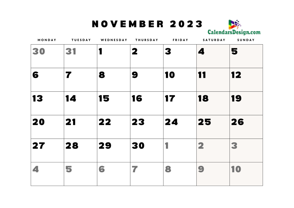 Monthly November 2023 Blank Calendar