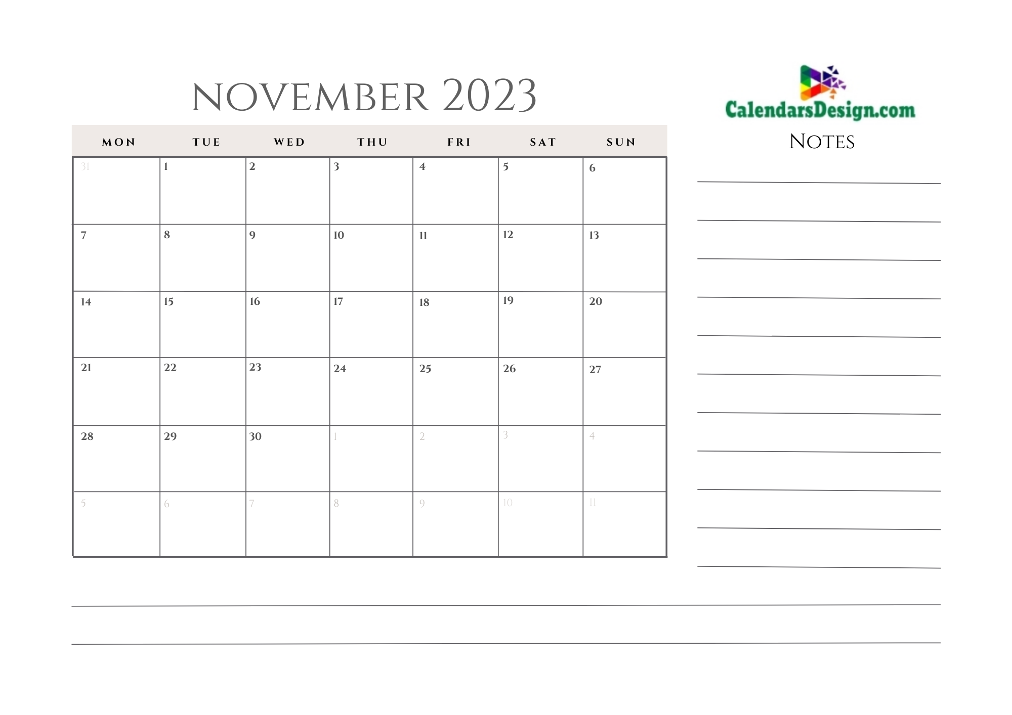 November 2023 Calendar Blank Template