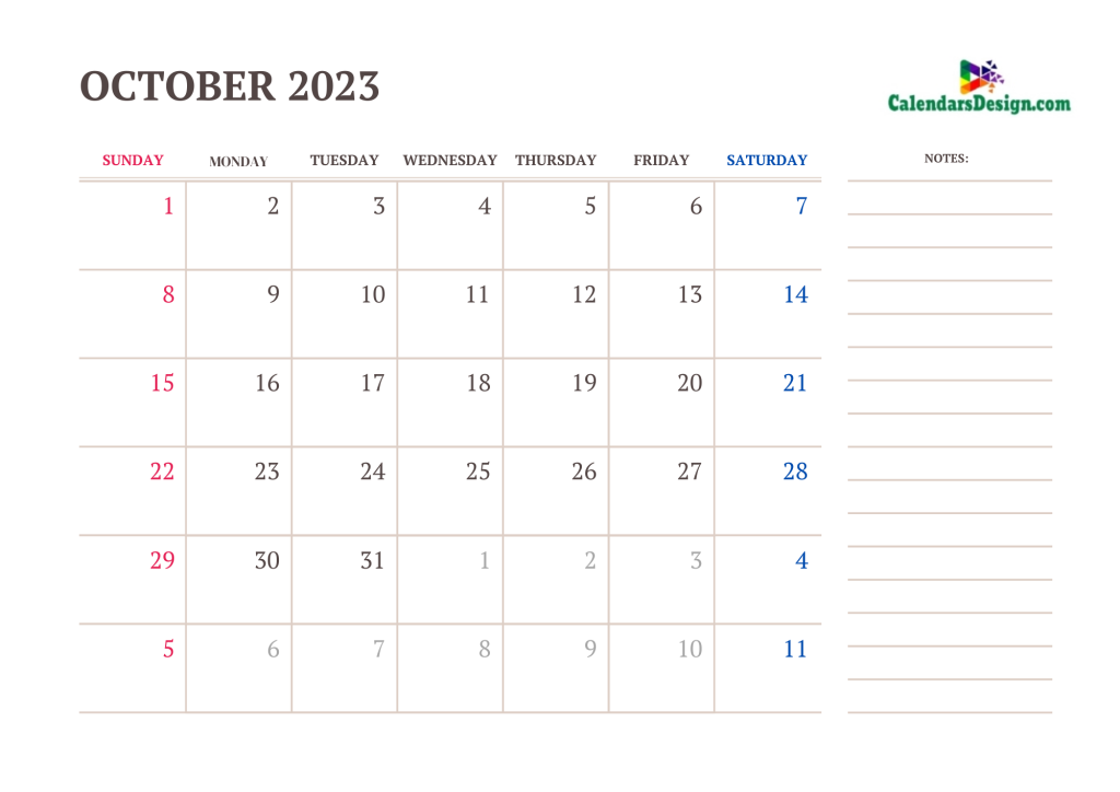 October 2023 Calendar With Large Space