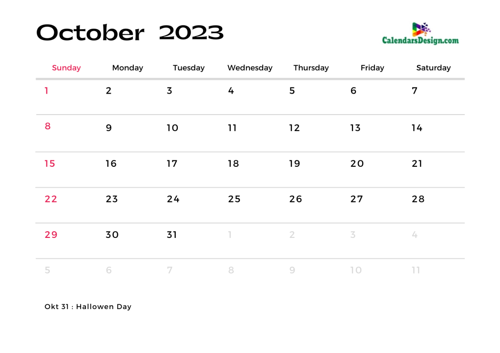 October calendar 2023 monthly template