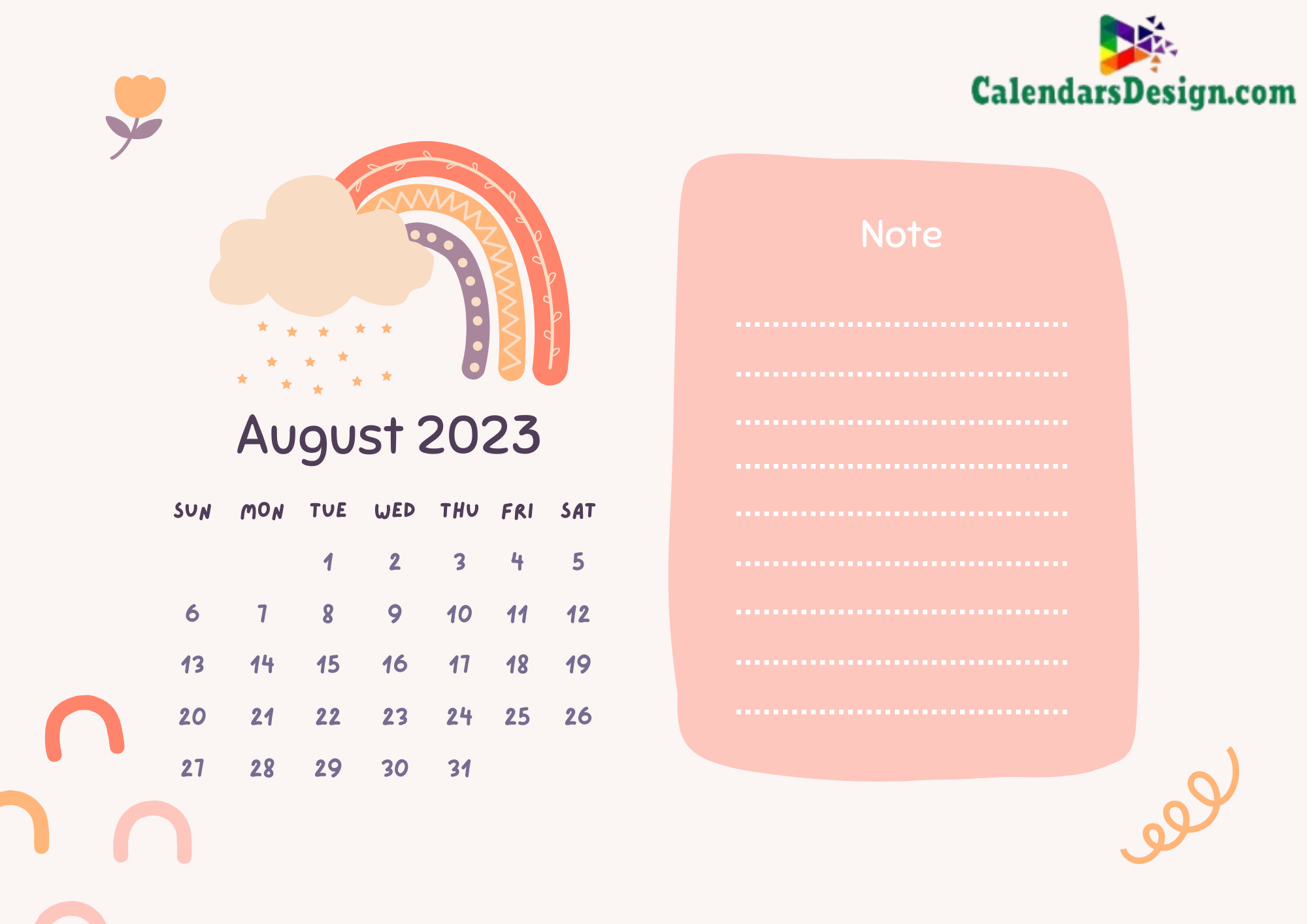 Print Cute August 2023 Calendar
