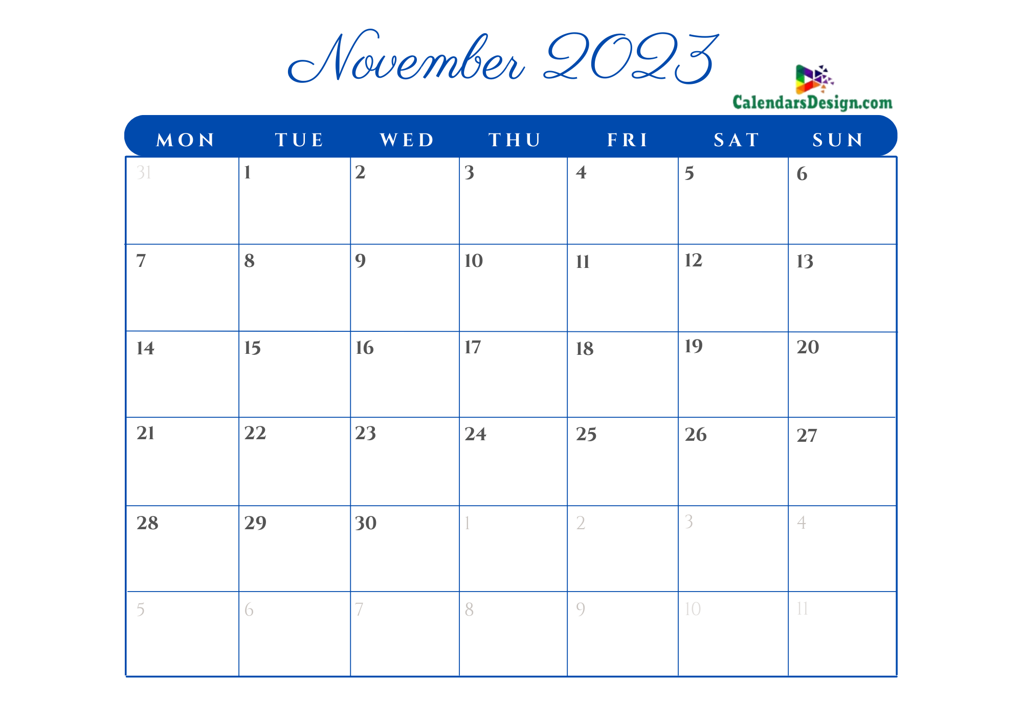 Printable Calendar for November 2023 Templates