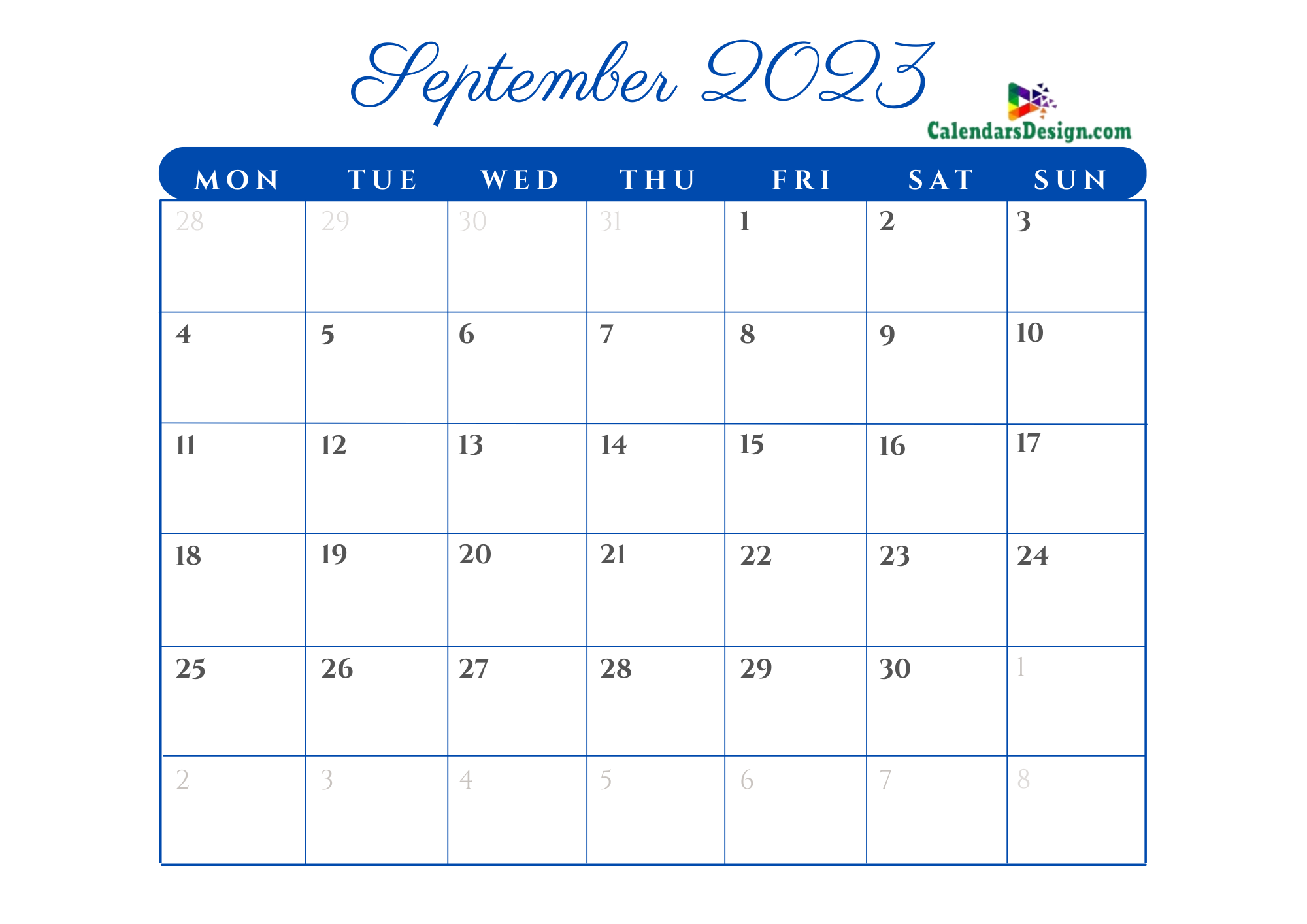 Printable Calendar for September 2023 Templates