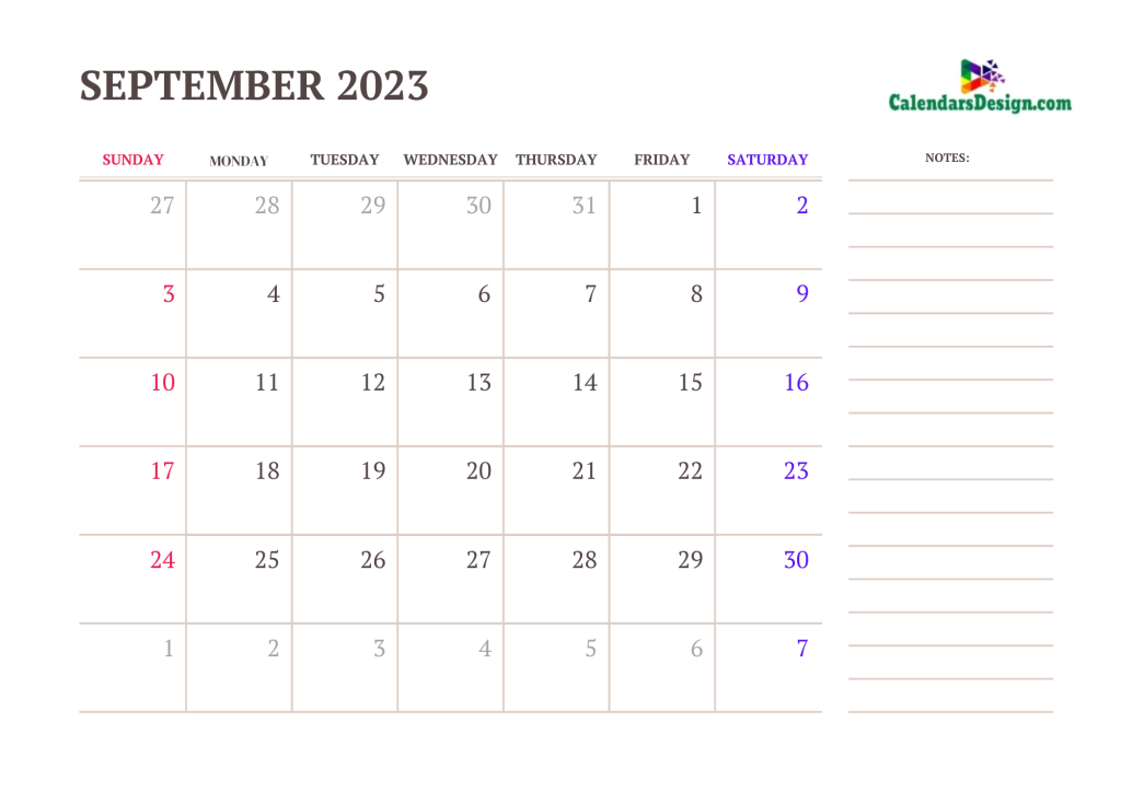 September 2023 Calendar With Large Space