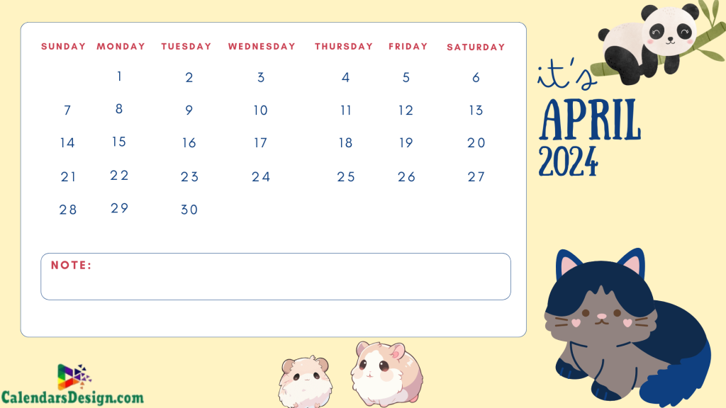 April 2024 Calendar Cute Design