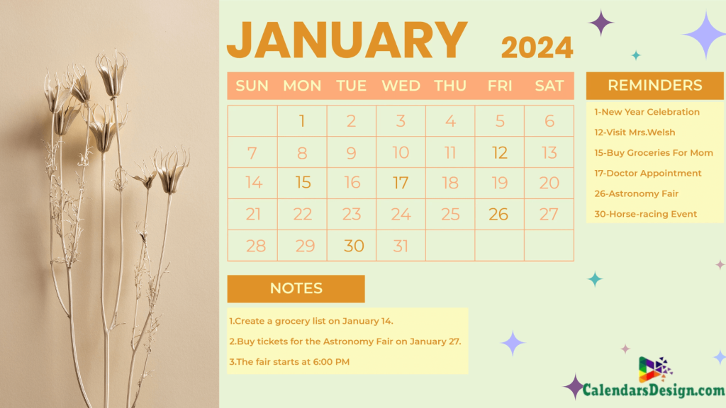 January 2024 Calendar Cute Design