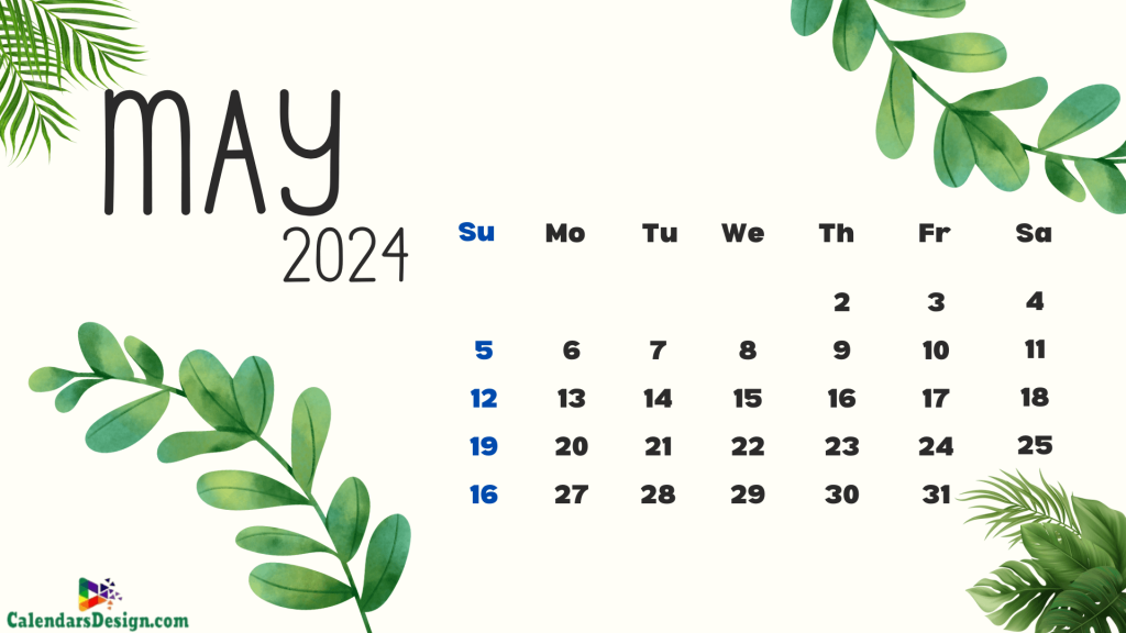 Leaf Design May 2024 Calendar